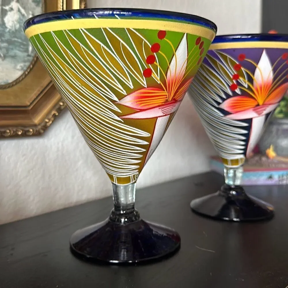 Set of two blue rim margarita cocktail made in Mexico glasses cups